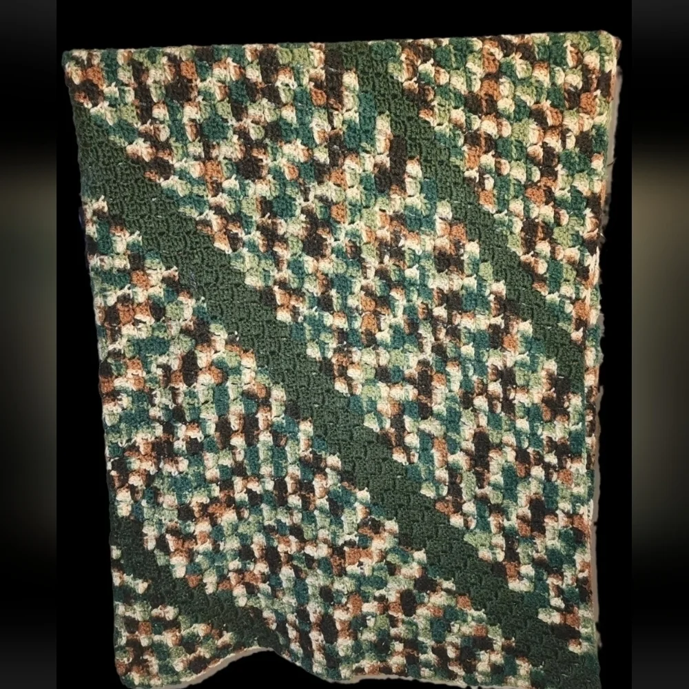 Handmade Camo Crochet Blanket With 3‎ Green Stripes Approximately 62x62